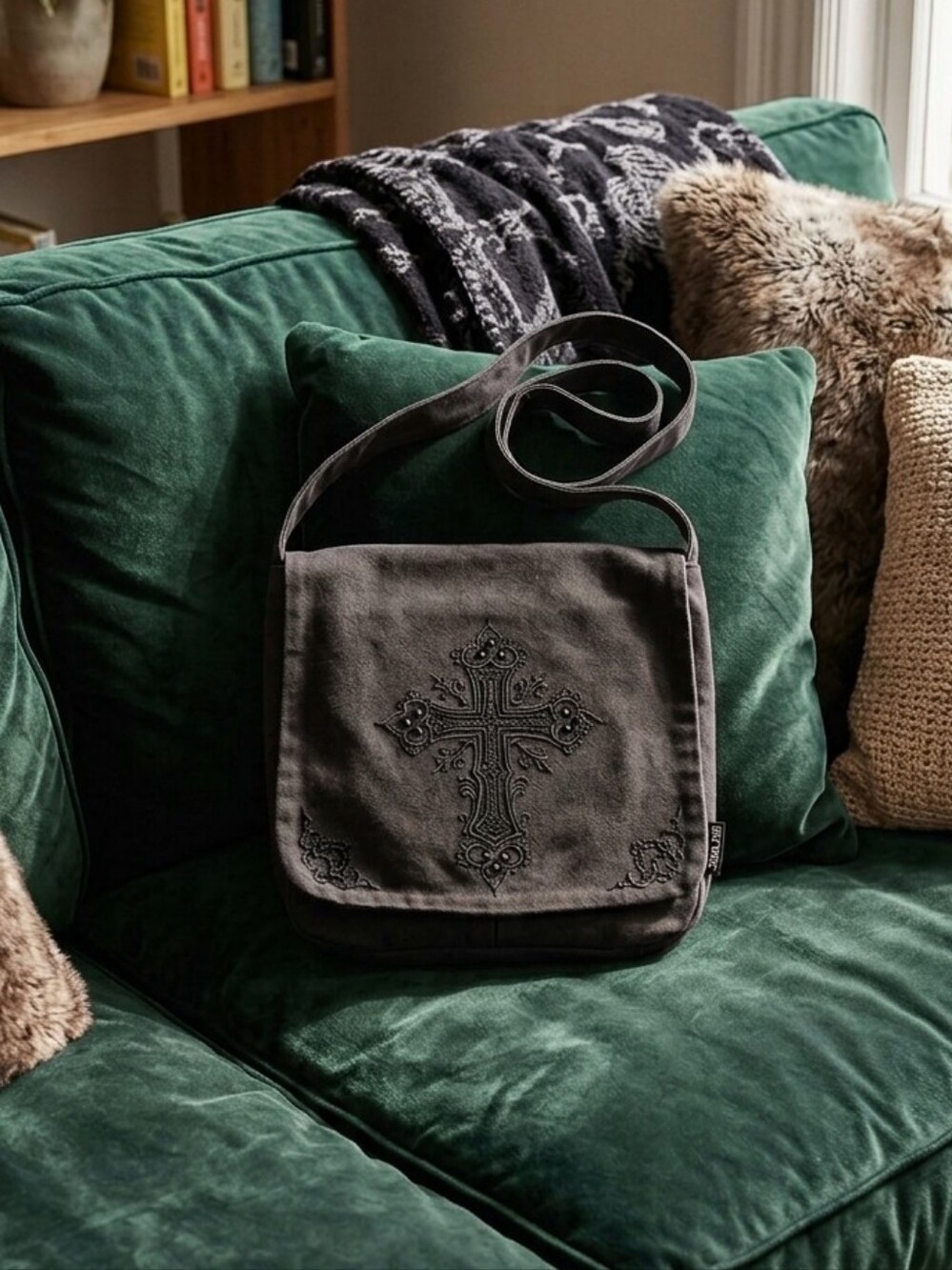 Black Cross Studded Messenger Bag